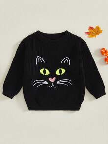 Boy Girl Halloween Sweater Cat Pattern Long Sleeve Crew Neck Knitwear Loose Pullover - 黑色 - 查看 3