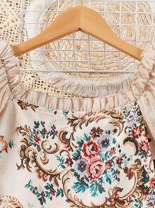 Young Girl Casual Elegant Square Neck Puff Sleeve Rose Print Dress, Spring/Summer