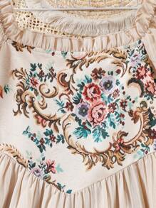 Young Girl Casual Elegant Square Neck Puff Sleeve Rose Print Dress, Spring/Summer