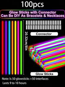100支彩色荧光棒，可连续发光8-12小时，在黑暗中闪闪发光。可制作成手链、项链或霓虹灯装饰品，适用于派对、酒吧、夜总会、派对用品、生日礼物和推荐礼品。