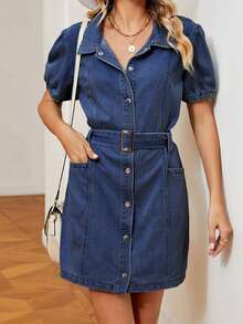 Women's Summer Denim Shirt Dress Short Sleeve Turn Down Collar Belted Jeans Dress - Dark Blue - View 1
