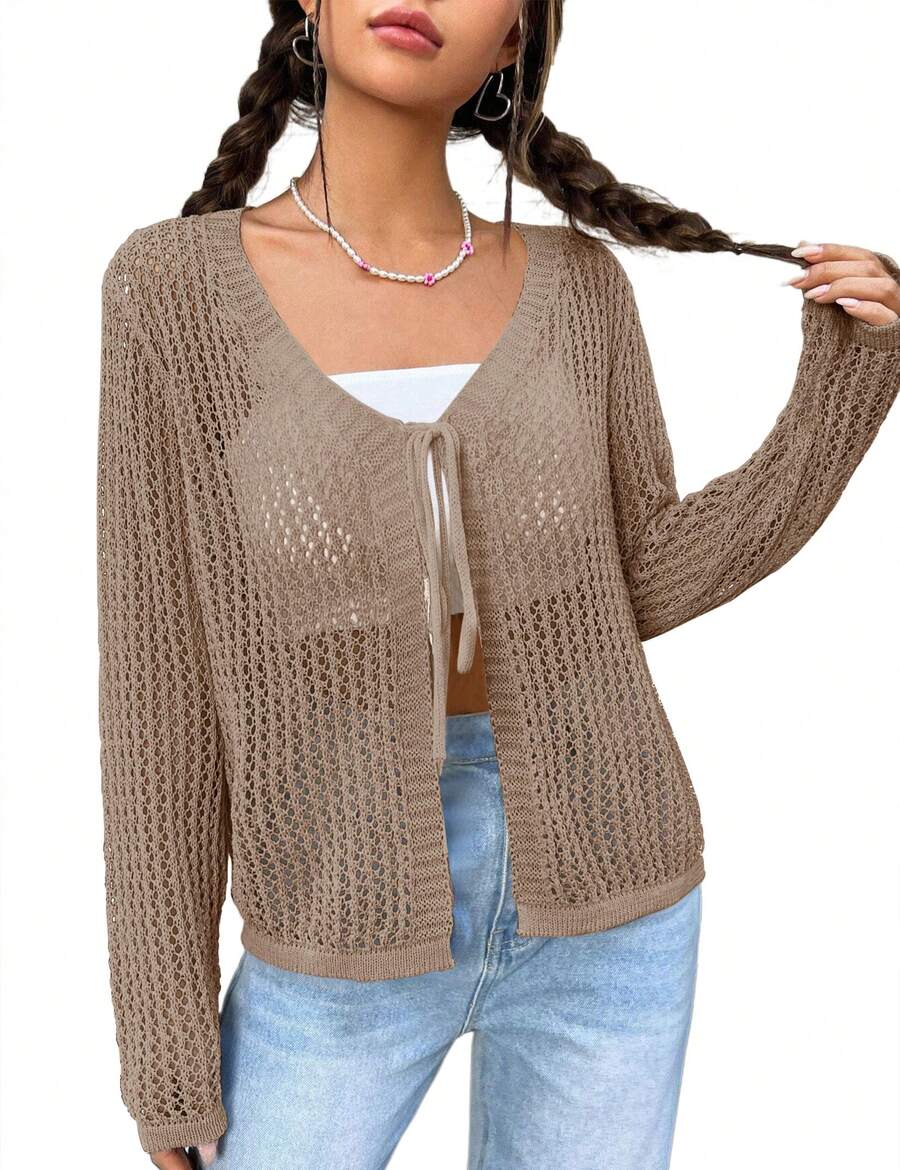 Womens Lightweight Crochet Cardigan Tie Front Shrugs Knit Crop Tops - 棕色 - 查看 1