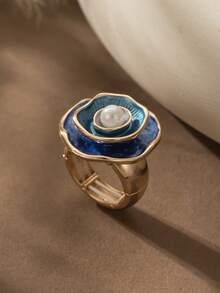 Cring Coco 1pc Women's Elegant Vintage French Style Enamel Geometric Green Zinc Alloy Elastic Ring, Versatile For Daily Wear, Parties, Celebrations - Geometry - View 17