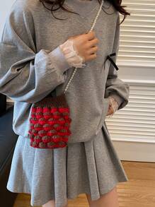 Women's Summer Woven Pearl Handbag, Cute Raspberry Crochet Knit Phone Pouch Crossbody Bag