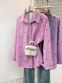 Women's Heart Print Polo Collar Striped Shirt - Casual Button-Up Long Sleeve Vacation Top For Spring Summer Fall Everyday Outfits