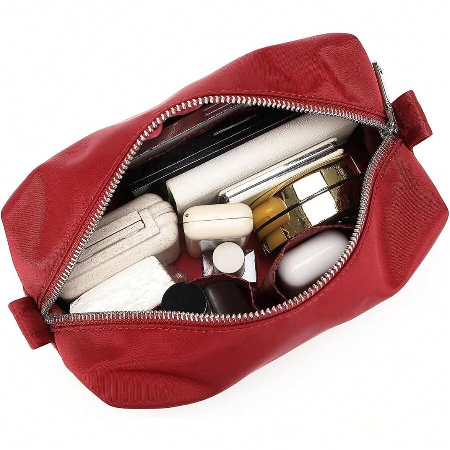 Organizer Bag -Lightweight Cosmetic Bag With Ring Clasp, Perfect Travel Makeup Bag For Women,Nylon Stand Up Design - Burgundy Red/Nylon - View 1