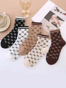 5 Pairs Women's Striped Letter Pattern Socks, Multi-Color, Elegant Retro Style Fashionable Versatile Sports Socks, Spring/Summer