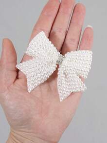 2个珍珠蝴蝶结发夹，纯白色，优雅蝴蝶结发夹，适合女孩，婚礼派对节日礼物，蝴蝶结发卡，青少年发饰 - 白色 - 查看 6