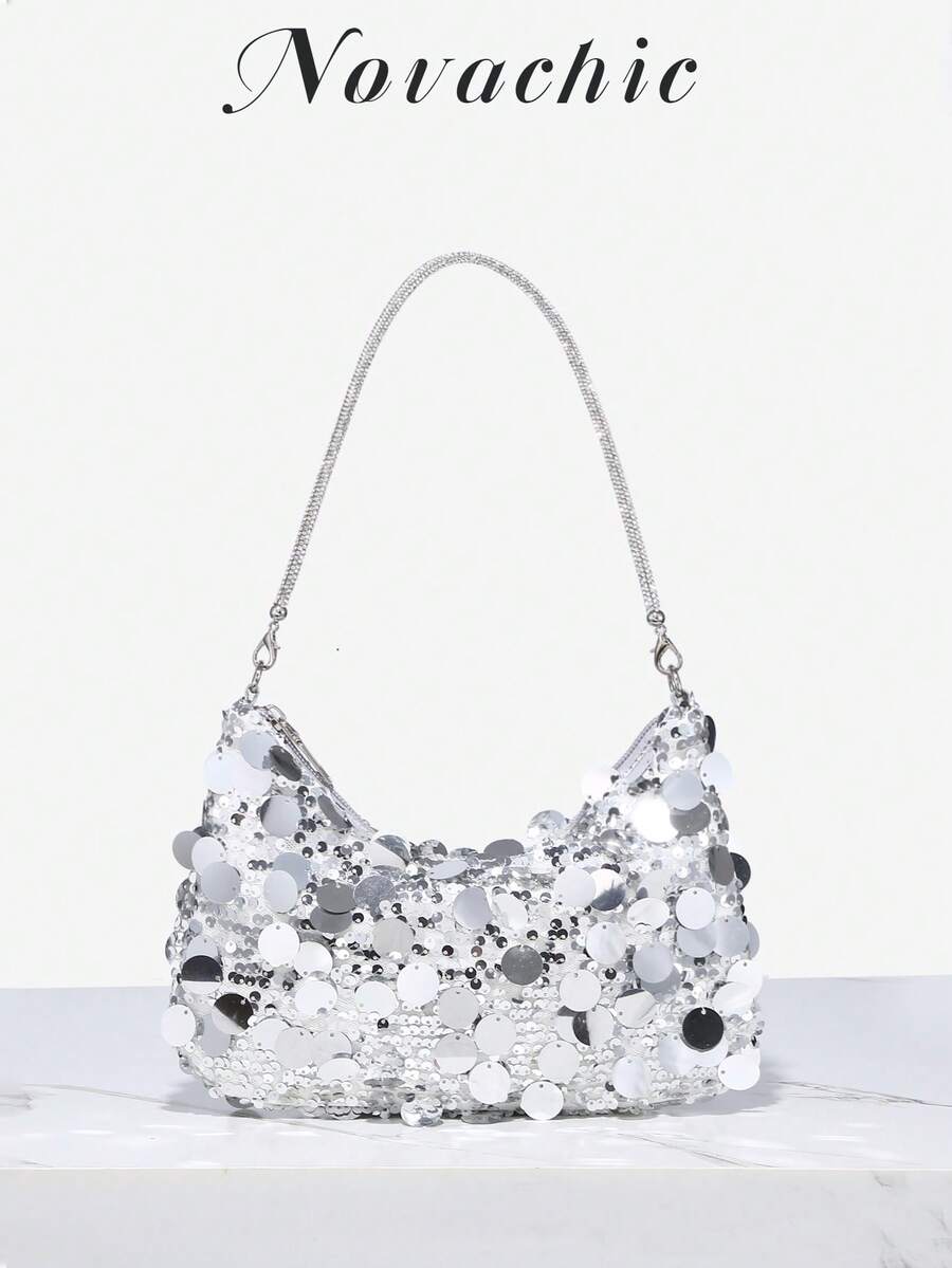 1pc Novachic Sequin Decorated, Vacation Style Sequins Wrist Decor Zipper Women Shoulder Bag, Suitable For Vacation & Party Use , New Year - Silver - View 1