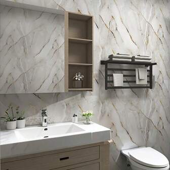 1 卷白色自粘墙纸，金色大理石纹接触纸，防水防油自粘墙贴，适用于台面瓷砖橱柜书桌翻新客厅厨房卧室宿舍，可拆卸家具墙纸墙贴房间装饰墙面装饰