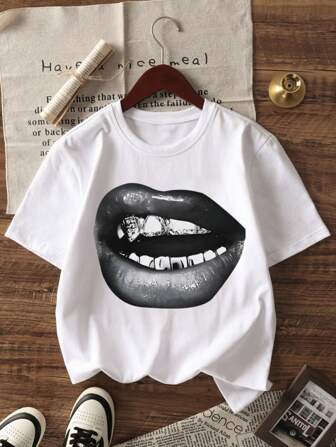 1pc Girls Casual Letter Print Round Neck Short Sleeve T-Shirt, Simple English Typography Design To Inspire Imagination And Self-Expression, Summer Student Wear