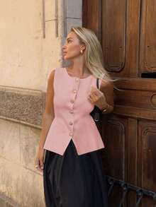 Vintage Chic Fashionable Elegant Metal Button Open Front Solid Color Sleeveless Round Crew Neck Business Jacket Work Waistcoat Slim Modest Minimalana Casual Top Tank Knit Vest Sweater For Women - 粉色 - 查看 1