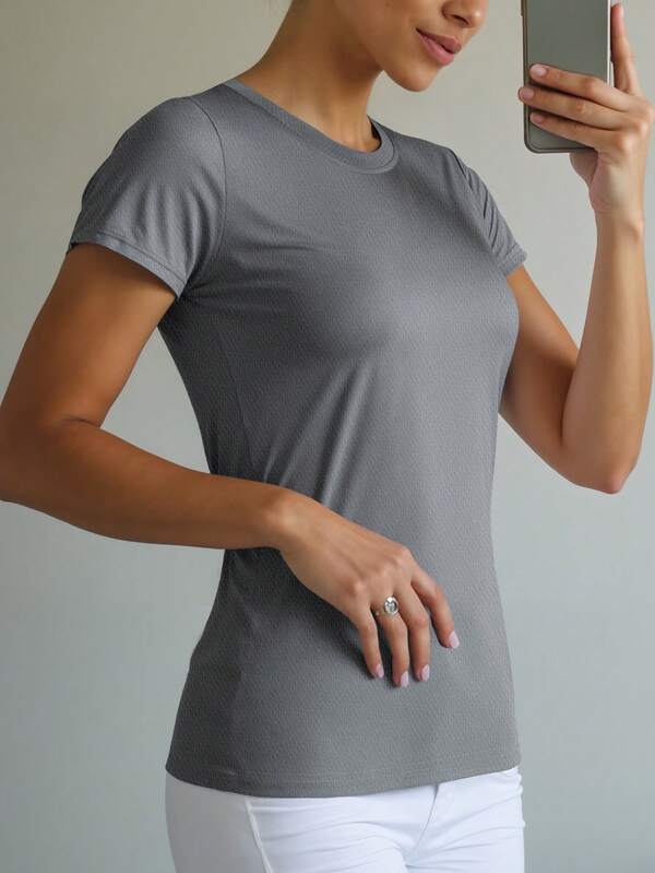1 pezzo Maglietta slim fit a maniche corte grigio scuro da donna, top da allenamento per palestra, corsa e allenamento estivo