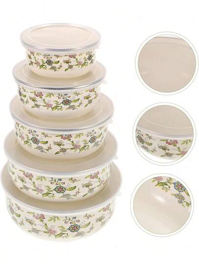5pcs Colorful Enamel Airtight Food Storage Jars, Sizes 10/12/14/16/18cm, Includes Fruit & Vegetable Bowls With Lids, Suitable For Kitchen, Christmas Gifts, Dinnerware Sets, Placemats, Tableware, Kitchen Essentials, Home Decor, Cooking Aids For Valentine's Day, Ramadan, Eid, Easter