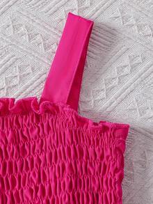 女孩优雅夏季网眼连衣裙，采用吊带和抽绳设计，与星月网眼连衣裙拼接而成，非常适合生日派对、大学派对或其他特殊场合 - 玫紅色 - 查看 3