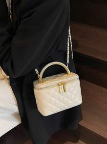 1 pieza Bolso en forma de caja con patrón de rombos de la marca BEIKAMU, monedero para maquillaje, elegante bolso bandolera con cadena para el hombro