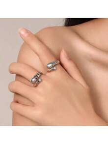 1pc Vintage Bohemian Moonstone Adjustable Open Ring With Spoon & Design - Antique Silver - 查看 6