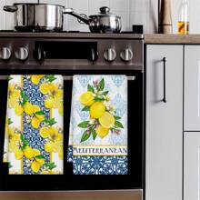 [2 Peças Toalhas de Cozinha de Porcelana Azul e Branca] Toalhas de Cozinha contemporâneas com Estampa de Porcelana Azul e Branca, Conjunto de Panos de Prato e Toalhas de Poliéster, Lavável em Máquina, Oblongo, Design Floral Cartoon, Tecido Tricotado, Secagem Rápida, Sem Fiapos - Perfeito para Lavar Louça e Decoração Doméstica