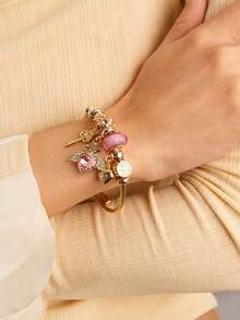 SHEIN MOD 1pc Women Stainless Steel Handmade Green Heart-Shaped Beaded Adjustable Bracelet, Suitable For Daily Wear - Pink - View 5