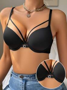 Women's Casual Comfort Minimalist Underwire Non-Removable Padded Sports Bra, Supportive Knit Fabric Sexy Bralette - Black - View 1