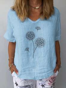 Womens Vintage Flowers V Neck Shirt Boho Floral Wildflowers Graphic Tee Casual Cottagecore Short Sleeve Cotton Linen T Shirt - Màu xanh lam - Xem 1