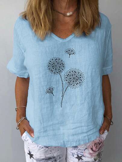 Women Summer Basic T-Shirt Casual Dandelion Print V-Neck Loose Short Sleeve Tops For Streetwear
