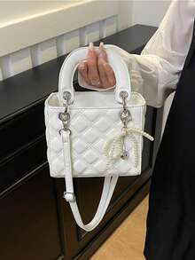 Fashionable New Women's Handbag, Solid Color Minimalist PU Leather Small Square Bag, Elegant & Chic, Suitable For Dates, Shopping, Versatile, Comes With Bow & Pearl Charm, Perfect Gift For Girlfriend, Fits Wallet, Shopping, Young Women, College Students, Office Ladies. Suitable For Office, University, Work, Business, Commuting, Outdoor Activities, Travel And Excursions - White - View 3