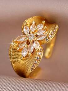 1pc Fantasy Flowers Shape 18k Gold Plated Engagement Rings For Women Luxury Hallow Cubic Zirconia Wedding Ring For Daily Decoration, Banquet, Prom, Party Jewelry Gift