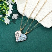 Disney Set Of 2 Disney Stitch Necklaces Designed For Couples, Featuring A Charming Heart Pendant And Magnetic Attraction, Perfect For Lovers.
