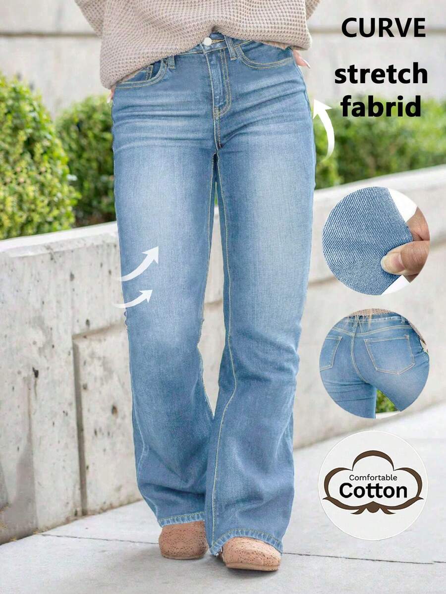 Plus Size Women's Summer Vintage Flare Stretch Denim Jeans, All-Match Versatile Commuter-Friendly Slimming Long Pants - Rửa nhẹ - Xem 1