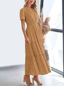 Womens Summer Maxi Dresses Short Sleeve High Waist Tiered Flowy A-Line Boho Bohemian Beach Long Dress Holiday Vacation Beach Valentine Long Dress Outfit - 卡其色 - 查看 4