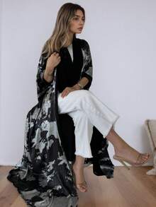 One Piece Women's Shiny Batwing Satin Open Kimono Abaya Muslim Kaftan Dress Islam Clothing For Party Holiday - Black - View 1