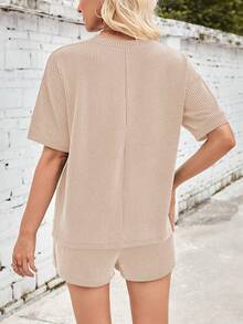 Women's Two Piece Number Stripe Short Sleeve Drawstring Shorts Casual Loungewear Set - Màu be - Xem 5
