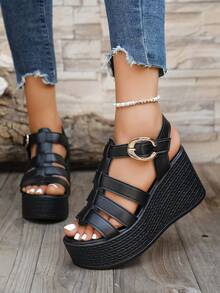 Women's Platform Multi-Strap Sandals, Fashion Dark-Colored Wedge Heels,Spring Summer Outfits - Black - View 2