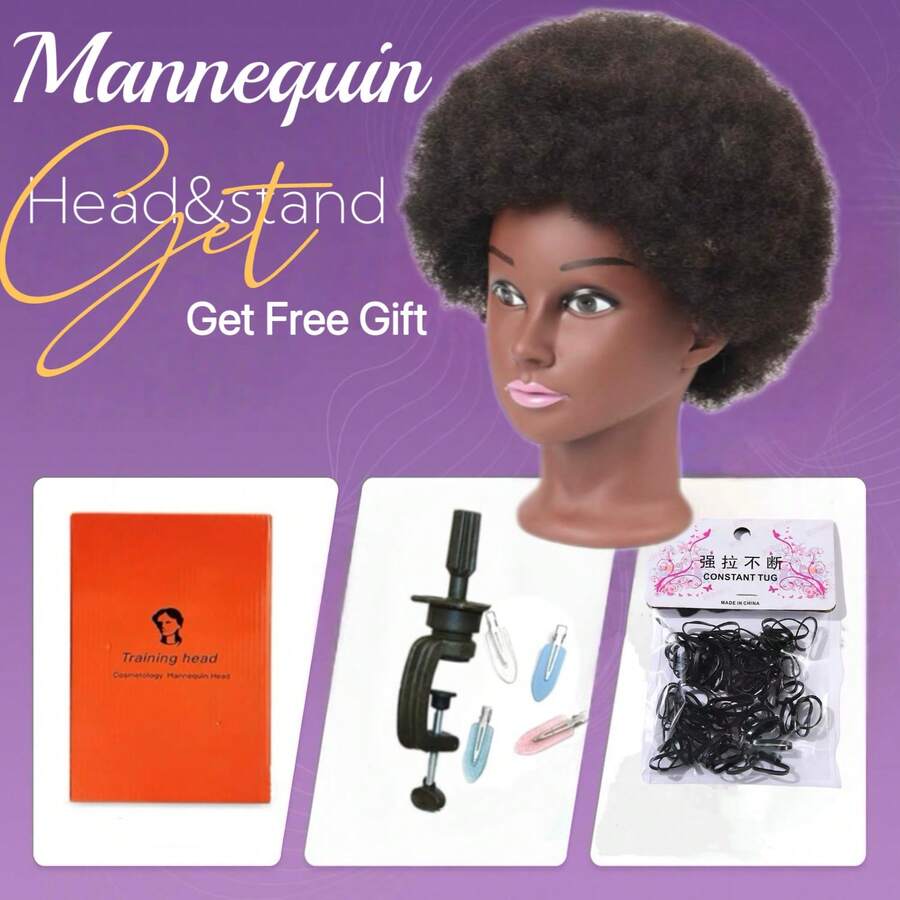 Afro Kinky Curly 100% Real Human Hair Mannequin Head With Stand For Hairdresser Practice Cosmetology Manikin Doll Training Head Braiding Styling Coloring Bleaching Dyeing Cutting Updos Display