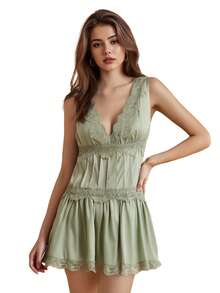 Women's Mini Dress Stylish Solid Lace Trim V Neck Sleeveless A Line Dress For Summer Spring - Light Green - View 7