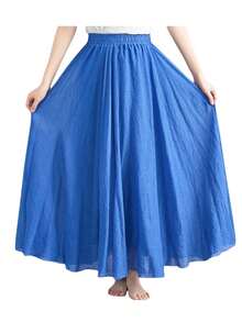 Women's Bohemian Style Elastic Waist Band Cotton Linen Long Maxi Flowy Skirt Dress - 藍色 - 查看 1
