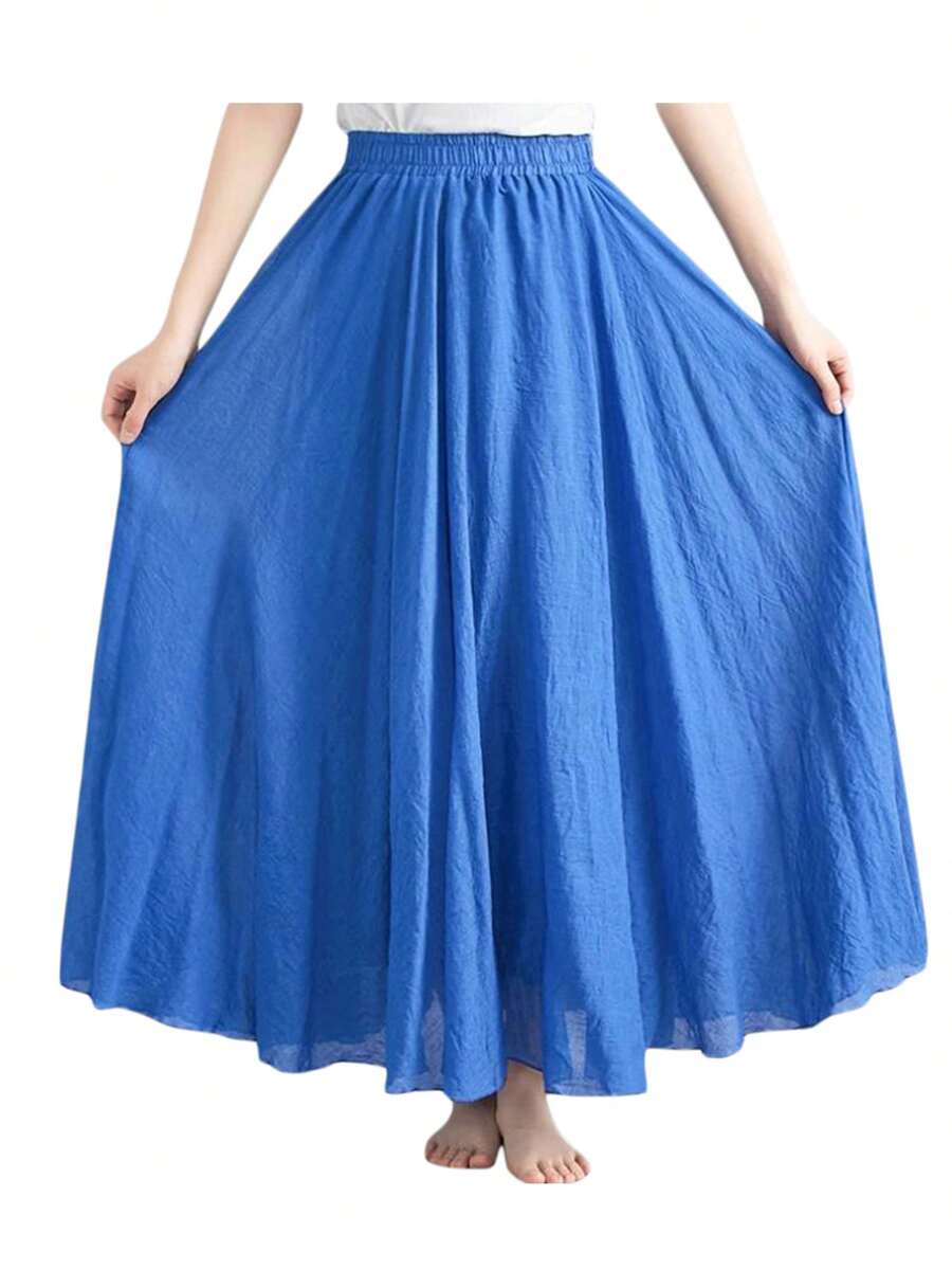 Women's Bohemian Style Elastic Waist Band Cotton Linen Long Maxi Flowy Skirt Dress - 藍色 - 查看 1