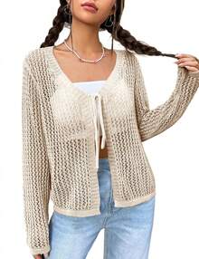 Womens Lightweight Crochet Cardigan Tie Front Shrugs Knit Crop Tops - 杏色 - 查看 1