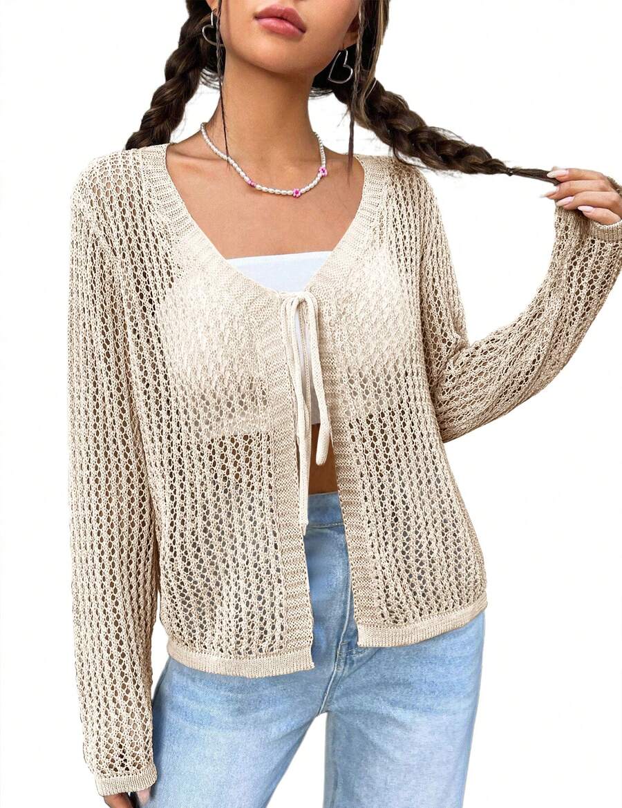 Womens Lightweight Crochet Cardigan Tie Front Shrugs Knit Crop Tops - 杏色 - 查看 1