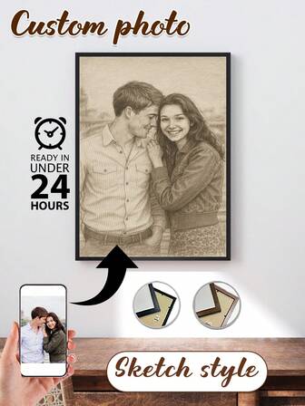 1枚、額入り、カスタムキャンバス絵画、個性的なレトロなスケッチポートレート、高精細プリント、思い出の保存、素敵な瞬間の保存、誕生日パーティー、記念日、ユニークで完璧な芸術的ギフト