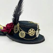 1pc Gothic Retro Steampunk Mini Top Hat With Skull, Feather, Rose Chain Decoration - Anime Vampire Theme Party Women Headpiece, Non-Stretch Brocade, Dark Headdress With Feather Accent Halloween - Multicolor - View 10