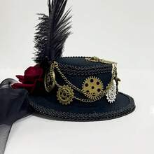 1pc Gothic Retro Steampunk Mini Top Hat With Skull, Feather, Rose Chain Decoration - Anime Vampire Theme Party Women Headpiece, Non-Stretch Brocade, Dark Headdress With Feather Accent Halloween - Multicolor - View 6