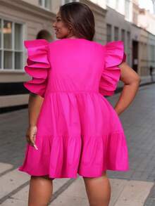 Plus Size Vacation Style Shiny Pink Round Neck Ruffle Hem Mini Dress - Pink - View 2