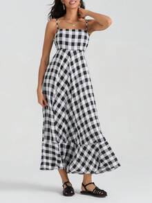 Women Summer Sleeveless Dress Casual Plaid Print Spaghetti Strap A-Line Party Dresses - 黑色 - 查看 1