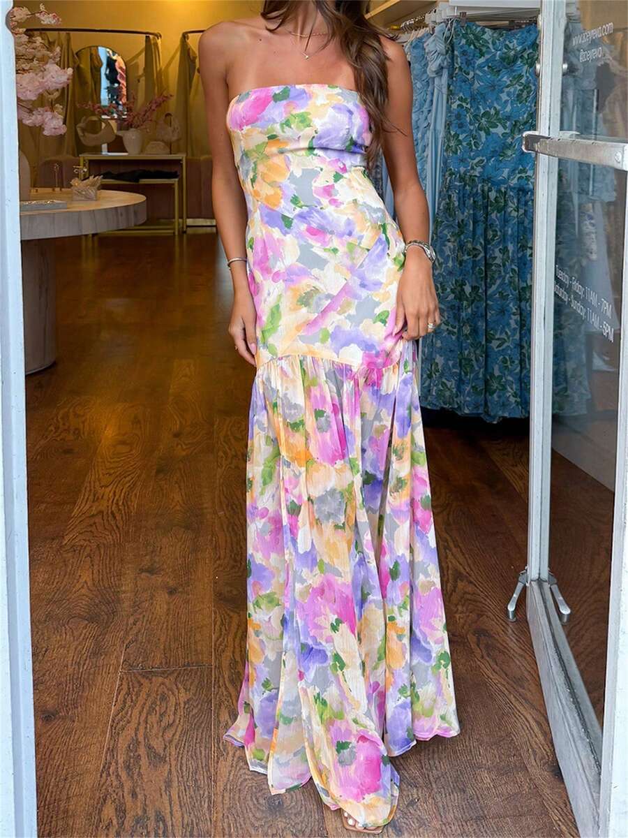 Women Casual Strapless Dress Summer Floral Print Backless A-Line Long Dress - 紫色 - 查看 1
