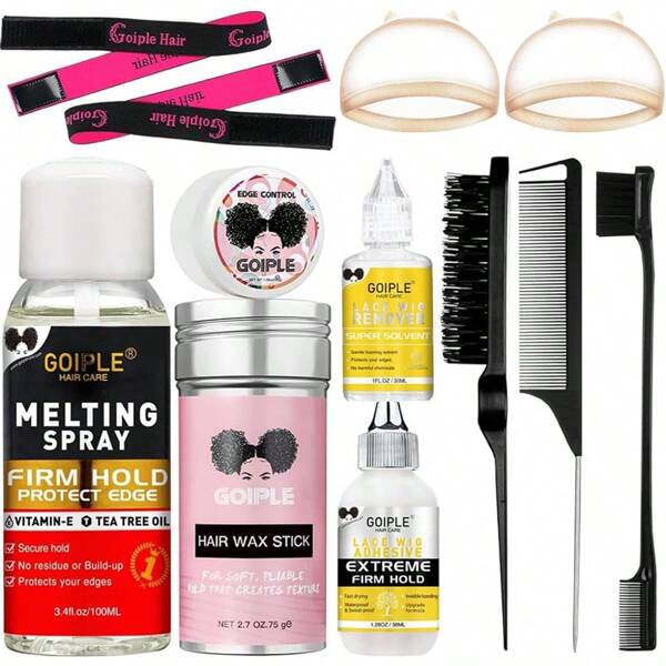 Kit colla per pizzo impermeabile GOIPLE, spray per fusione parrucche, tenuta extra, colla senza colla per legare la parte anteriore del pizzo, include spray per fusione e tenuta del pizzo, colla per parrucche, solvente per colla e strumento per fissaggio parrucche