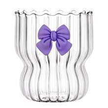 300ml Cute Bow Glass Cup Clear Striped Water Cups Bow-Knot Coffee Drinking Mug Household Fruit Tea Juice Glassware Girls Gift