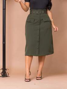 Women's Elegant Tailored Midi Skirt With Belt And Pocket Evangelical Fashion - 軍綠色 - 查看 4