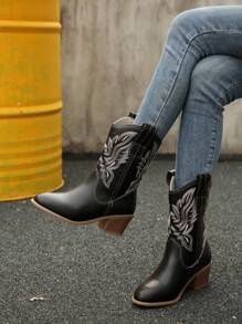 Nouvelles bottes de cowboy vintage avec imprimé brodé, bottes de randonnée mi-mollet, bottes, talon épais, augmentation de la hauteur